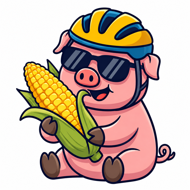 LAGBRAI’s cycling pig mascot holding an ear of corn
