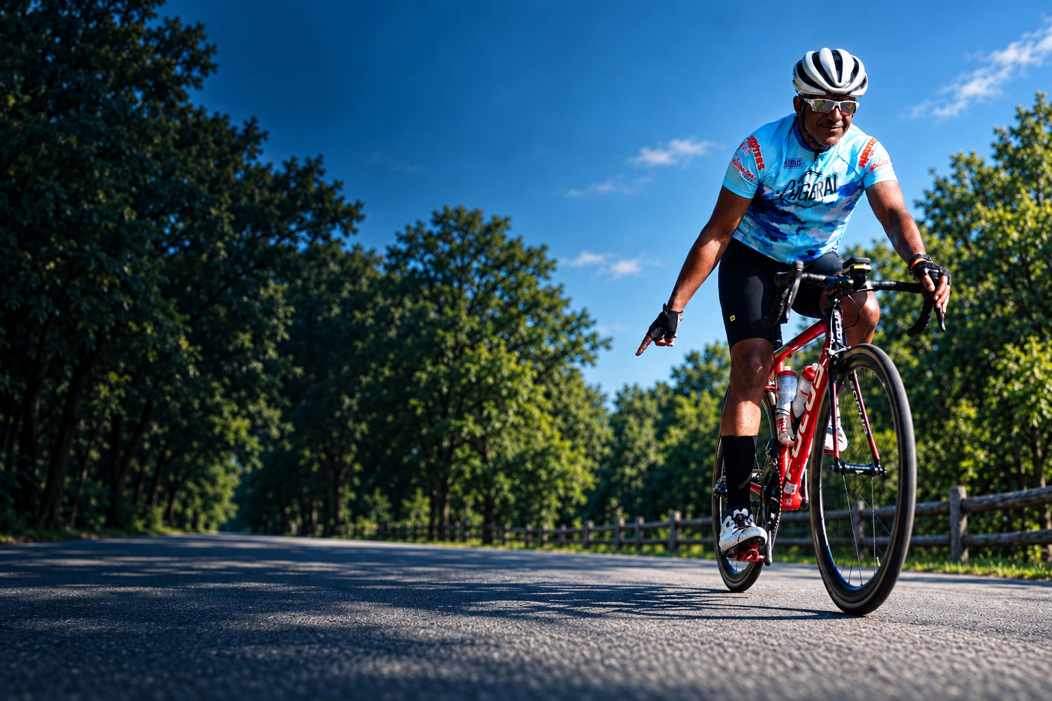 LAGBRAI cyclist riding a red bicycle along a tree-lined road